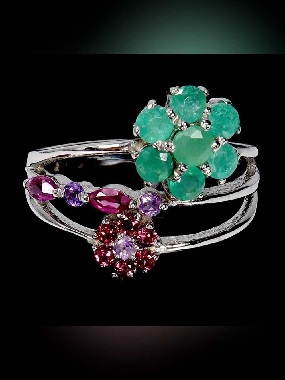 Natural Emerald, Garnet Amethyst Floral Cluster Ring  925 Sterling silver Size 8
